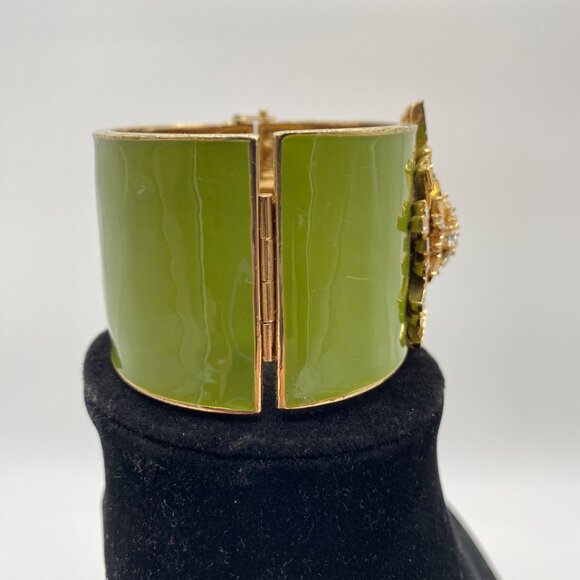Vtg J. Crew Wide Bracelet Starburst Atomic Rhinestone Green Enamel Hinged Bangle - Picture 5 of 11